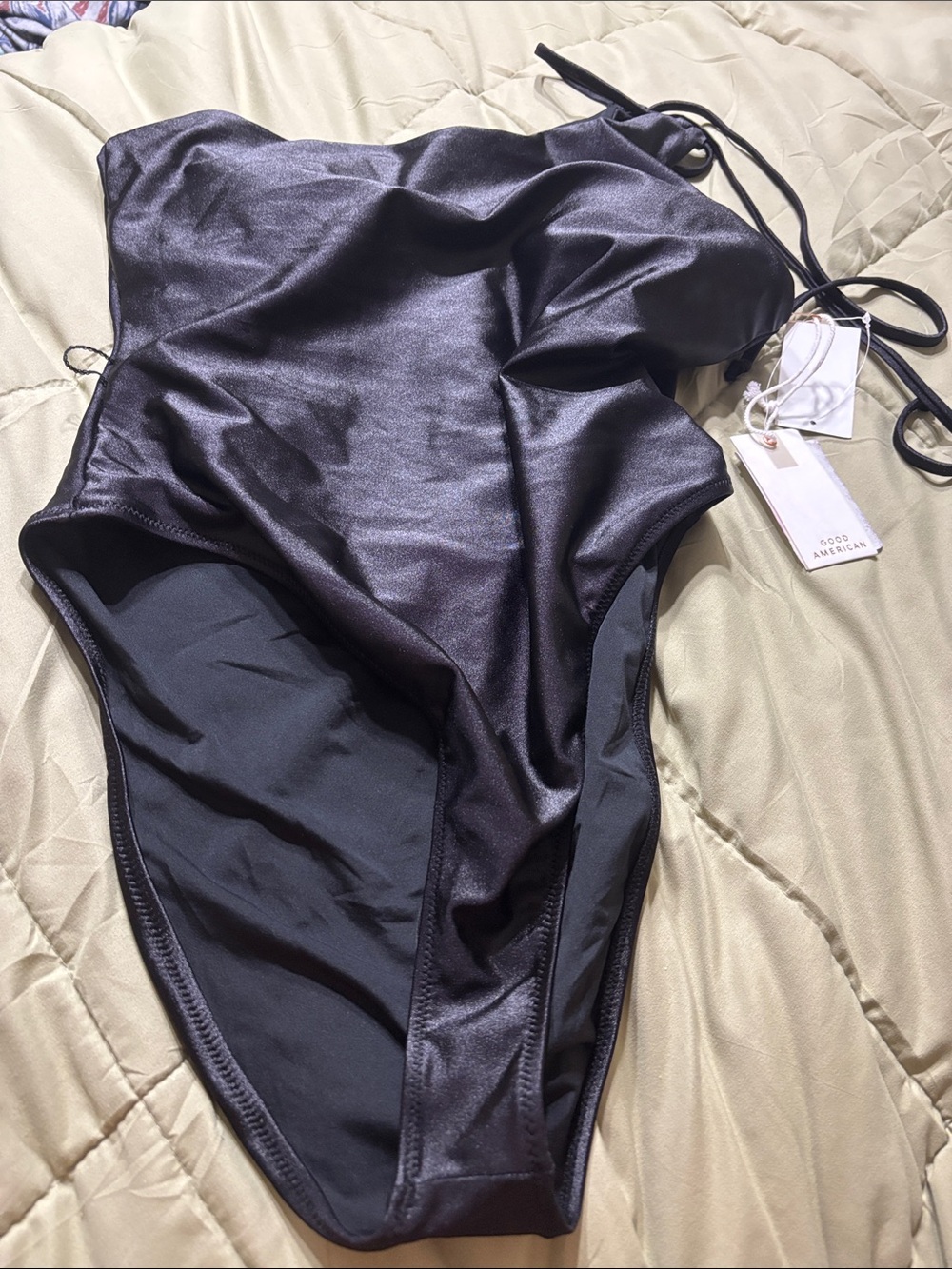 Good American black one piece swimsuit one shoulder NWT missing waist string tie